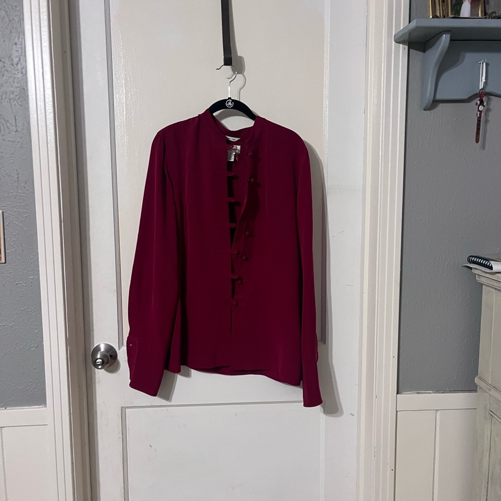 Talbots Berry Ruffle-Front Button Down Blouse